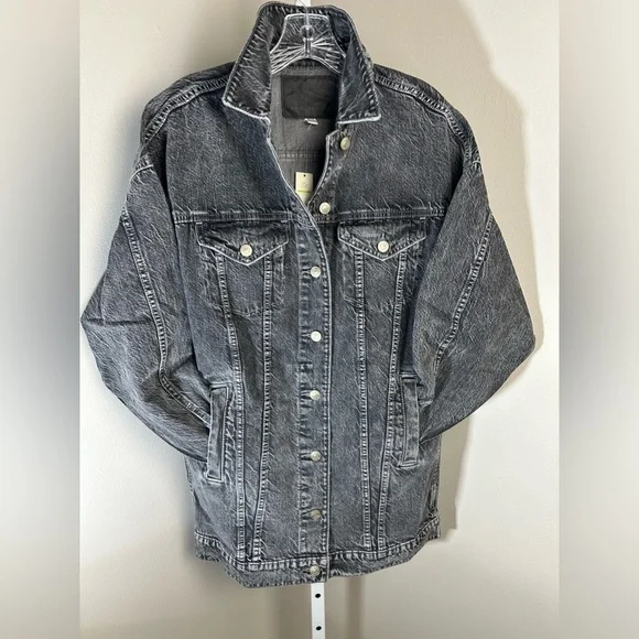 American Eagle Women's Oversized XS Black Acid Dark Wash Long Denim Jacket - Picture 6 of 9